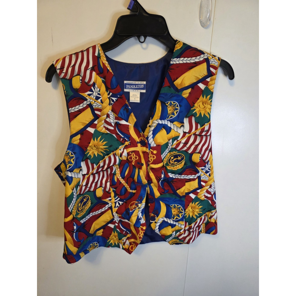 Vintage Pendleton Vest Button Up Size 8 Nautical Colorful Quirky Coastal 80s